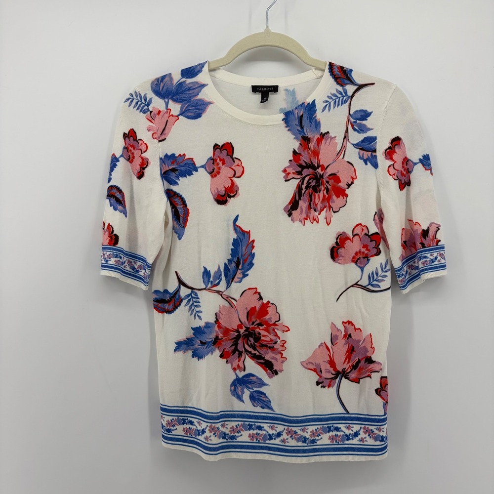 Talbots Womens XS White Floral Short Sleeve Crew Neck Cotton Blend Sweater